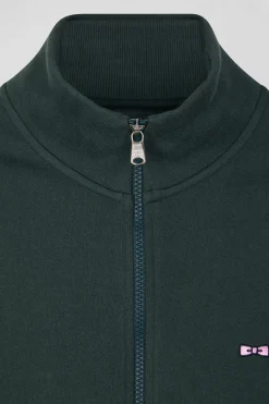 Regular green brushed cotton fleece sweatshirt with high top collar