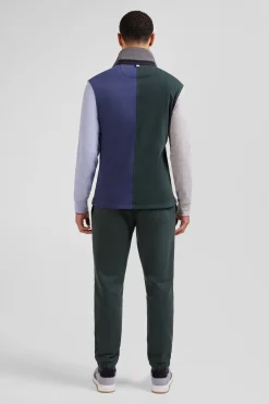 Regular green colorblock long-sleeved cotton rugby shirt