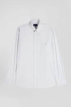 Regular green cotton poplin shirt with baton stripes