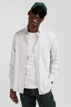 Regular green cotton poplin shirt with baton stripes