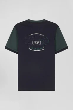 Regular green cotton T-shirt with short contrasting sleeves