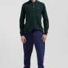 Regular green long-sleeved cotton piqué polo shirt with tricolor details