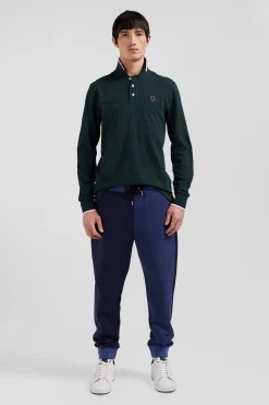 Regular green long-sleeved cotton piqué polo shirt with tricolor details