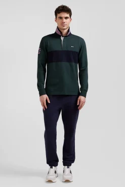 Regular green long-sleeved cotton rugby shirt with sleeve N°10 embroidery