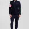 Regular green long-sleeved cotton rugby shirt with tie fabric patchwork