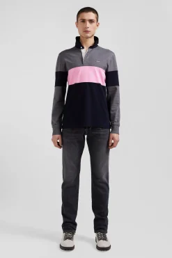 Regular green long-sleeved colourblock cotton rugby shirt with back embroidery
