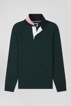 Regular green long-sleeved cotton rugby shirt with bow tie details