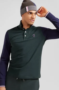 Regular green long-sleeved cotton piqué polo shirt with jacquard collar and rubber badge