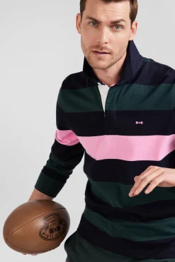 Regular green long-sleeved striped cotton rugby shirt