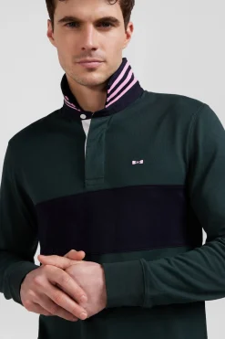 Regular green long-sleeved cotton rugby shirt with sleeve N°10 embroidery