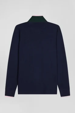 Regular green long-sleeved cotton piqué polo shirt with tricolor details