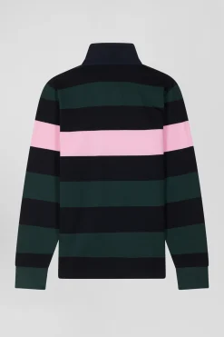 Regular green long-sleeved striped cotton rugby shirt