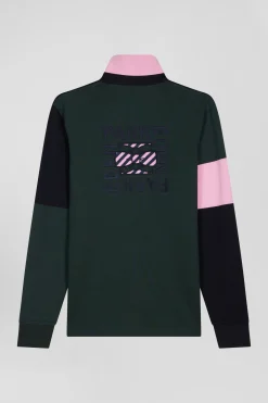 Regular green long-sleeved cotton rugby shirt with tie fabric patchwork