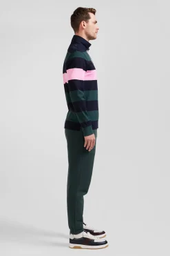 Regular green long-sleeved striped cotton rugby shirt