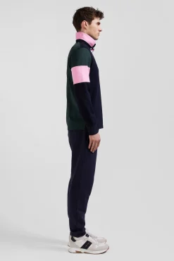 Regular green long-sleeved cotton rugby shirt with tie fabric patchwork