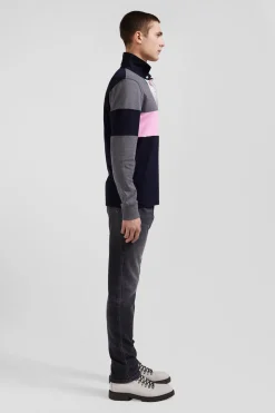 Regular green long-sleeved colourblock cotton rugby shirt with back embroidery