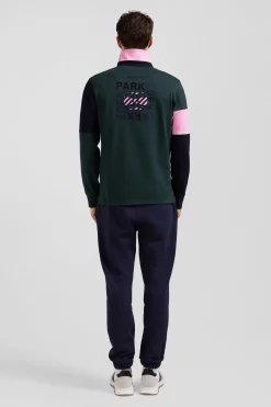Regular green long-sleeved cotton rugby shirt with tie fabric patchwork