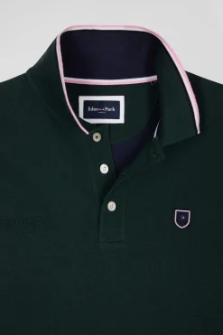 Regular green long-sleeved cotton piqué polo shirt with tricolor details