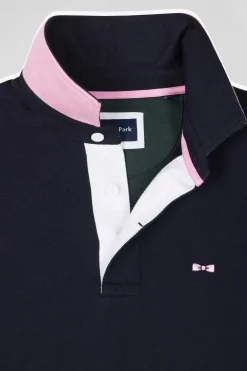 Regular green long-sleeved cotton rugby shirt with tie fabric patchwork