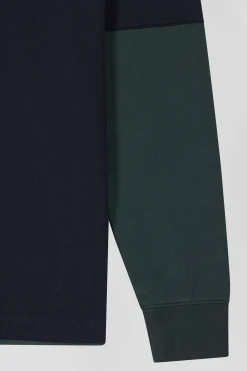 Regular green long-sleeved cotton rugby shirt with tie fabric patchwork