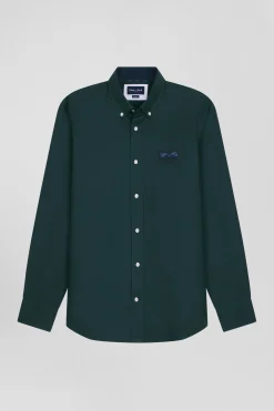 Regular green oxford cotton shirt with striped bow tie detail