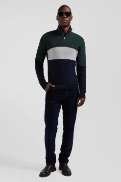 Regular green semi-zipped cotton jumper with knit patterns