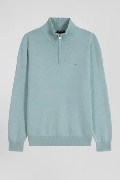 Regular green semi-zipped wool and cotton jumper