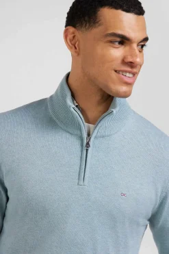 Regular green semi-zipped wool and cotton jumper