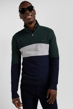 Regular green semi-zipped cotton jumper with knit patterns
