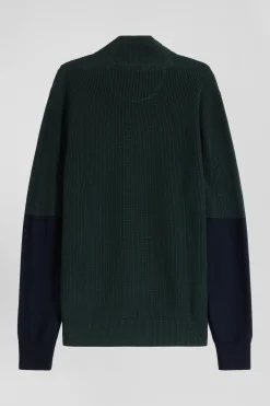 Regular green semi-zipped cotton jumper with knit patterns