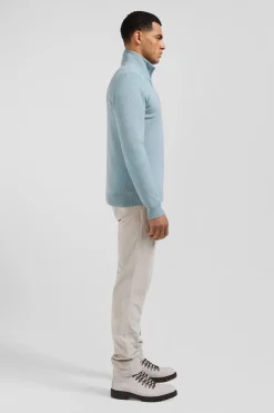 Regular green semi-zipped wool and cotton jumper
