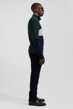 Regular green semi-zipped cotton jumper with knit patterns