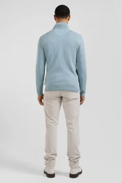 Regular green semi-zipped wool and cotton jumper