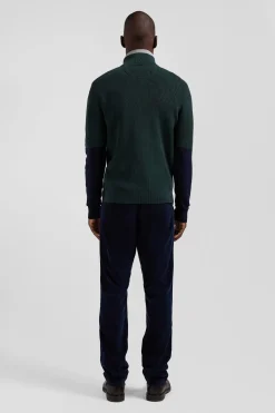 Regular green semi-zipped cotton jumper with knit patterns