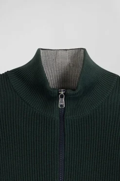 Regular green semi-zipped cotton jumper with knit patterns