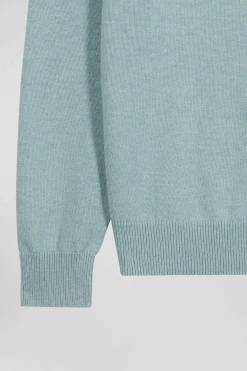 Regular green semi-zipped wool and cotton jumper
