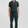 Regular green short-sleeved cotton piqué polo shirt with striped embroidery