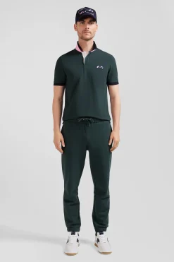 Regular green short-sleeved cotton piqué polo shirt with striped embroidery