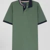 Regular green short-sleeved cotton piqué polo shirt with contrasting details