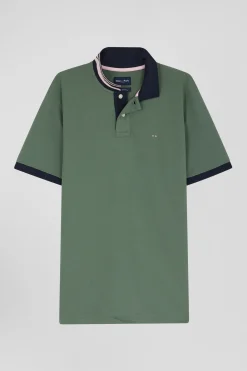 Regular green short-sleeved cotton piqué polo shirt with contrasting details