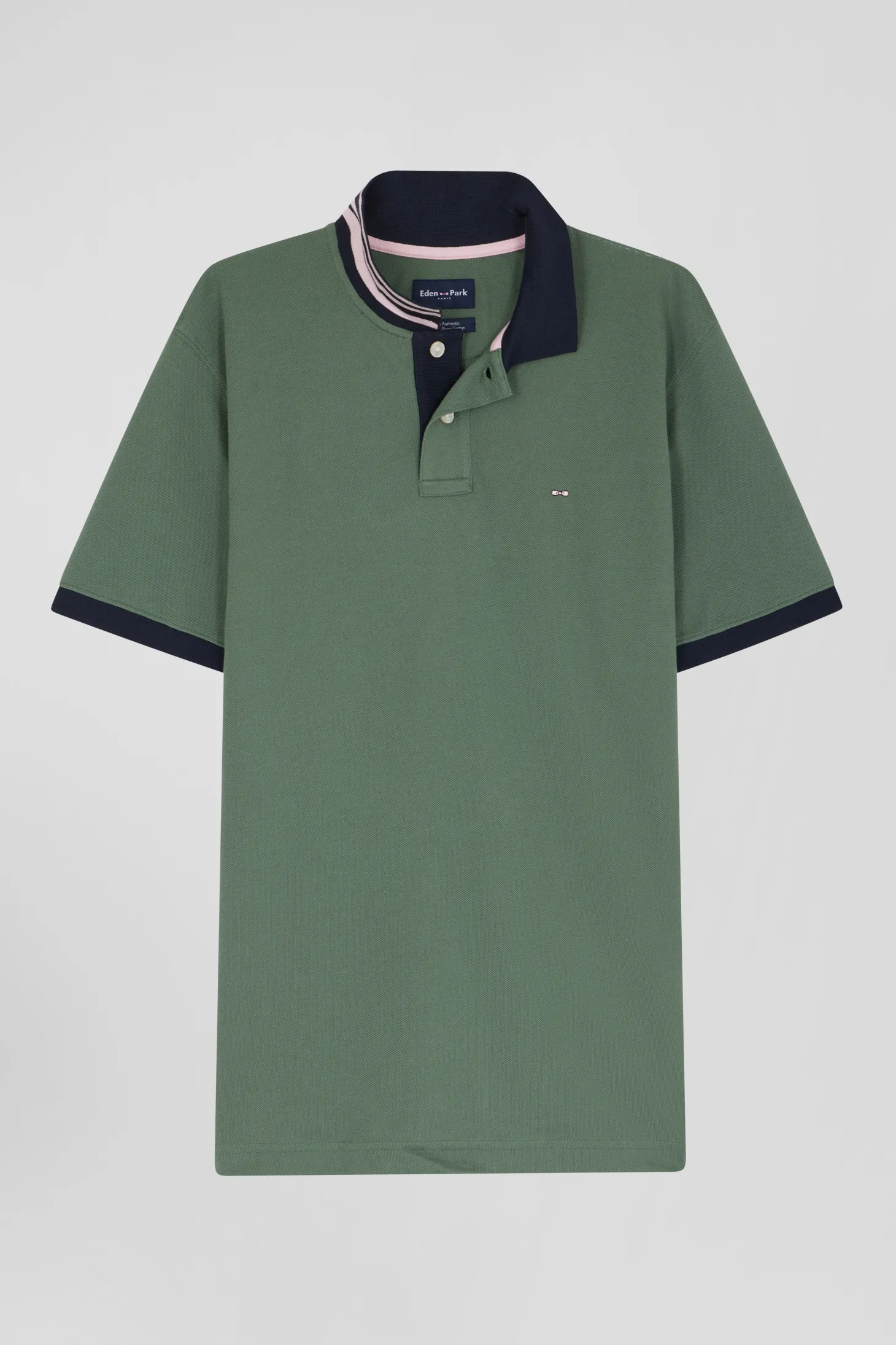 Regular green short-sleeved cotton piqué polo shirt with contrasting details
