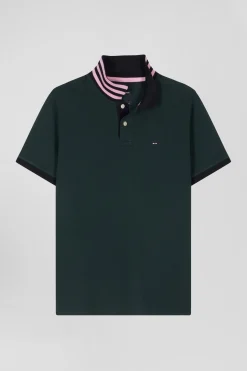 Regular green short-sleeved cotton piqué polo shirt