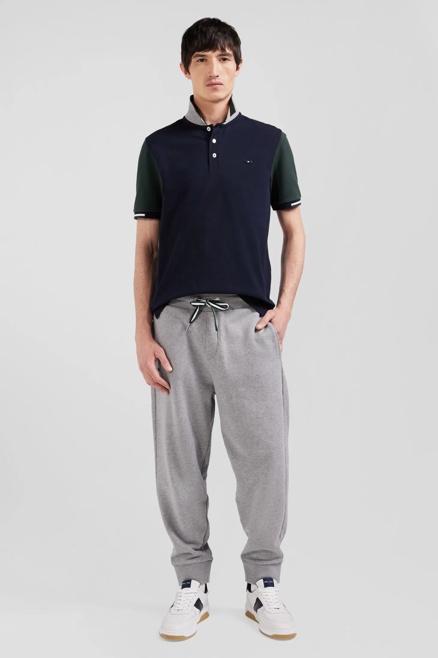 Regular green short-sleeved cotton piqué polo shirt with Eden Park jacquard collar