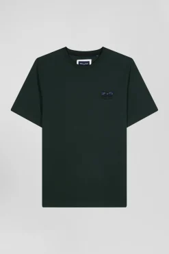 Regular green short-sleeved cotton T-shirt with tie patchwork emblem