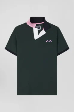 Regular green short-sleeved cotton piqué polo shirt with striped embroidery