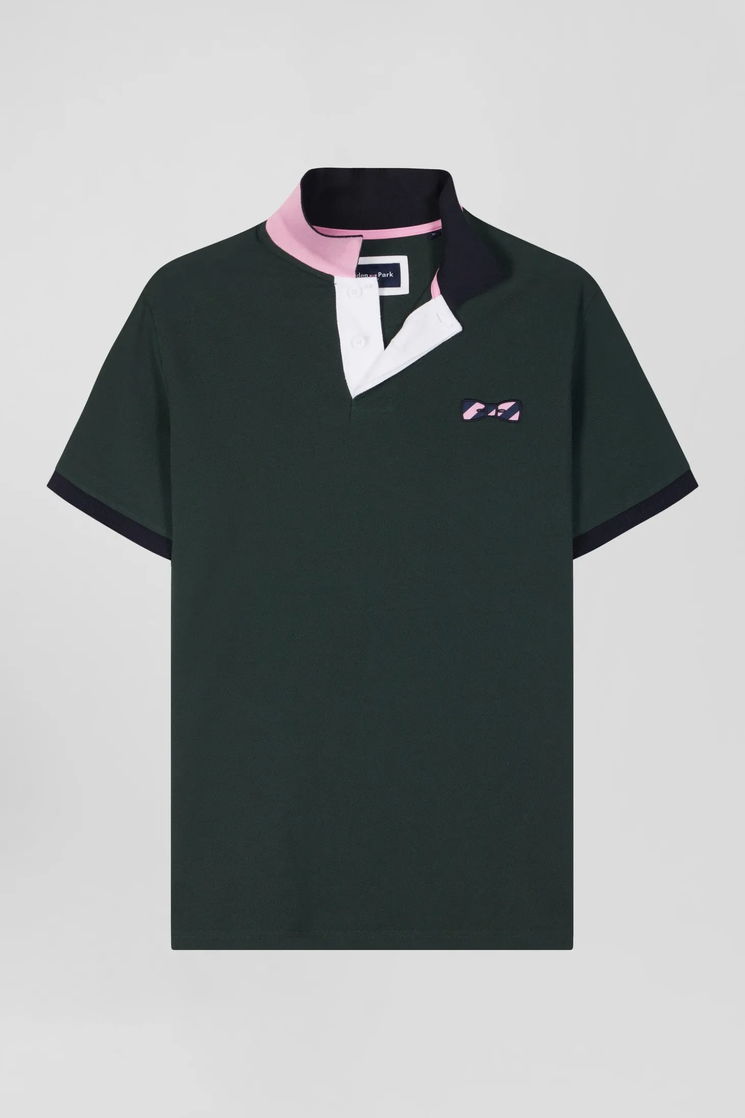 Regular green short-sleeved cotton piqué polo shirt with striped embroidery