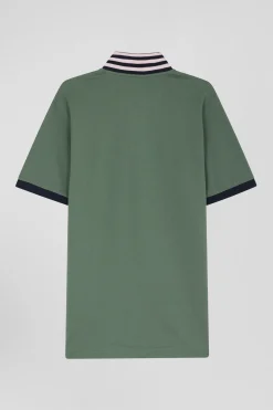 Regular green short-sleeved cotton piqué polo shirt with contrasting details