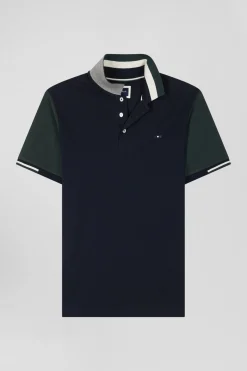 Regular green short-sleeved cotton piqué polo shirt with Eden Park jacquard collar