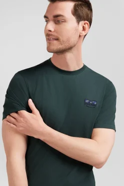 Regular green short-sleeved cotton T-shirt with tie patchwork emblem