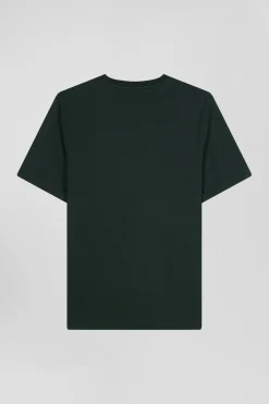 Regular green short-sleeved cotton T-shirt with tie patchwork emblem